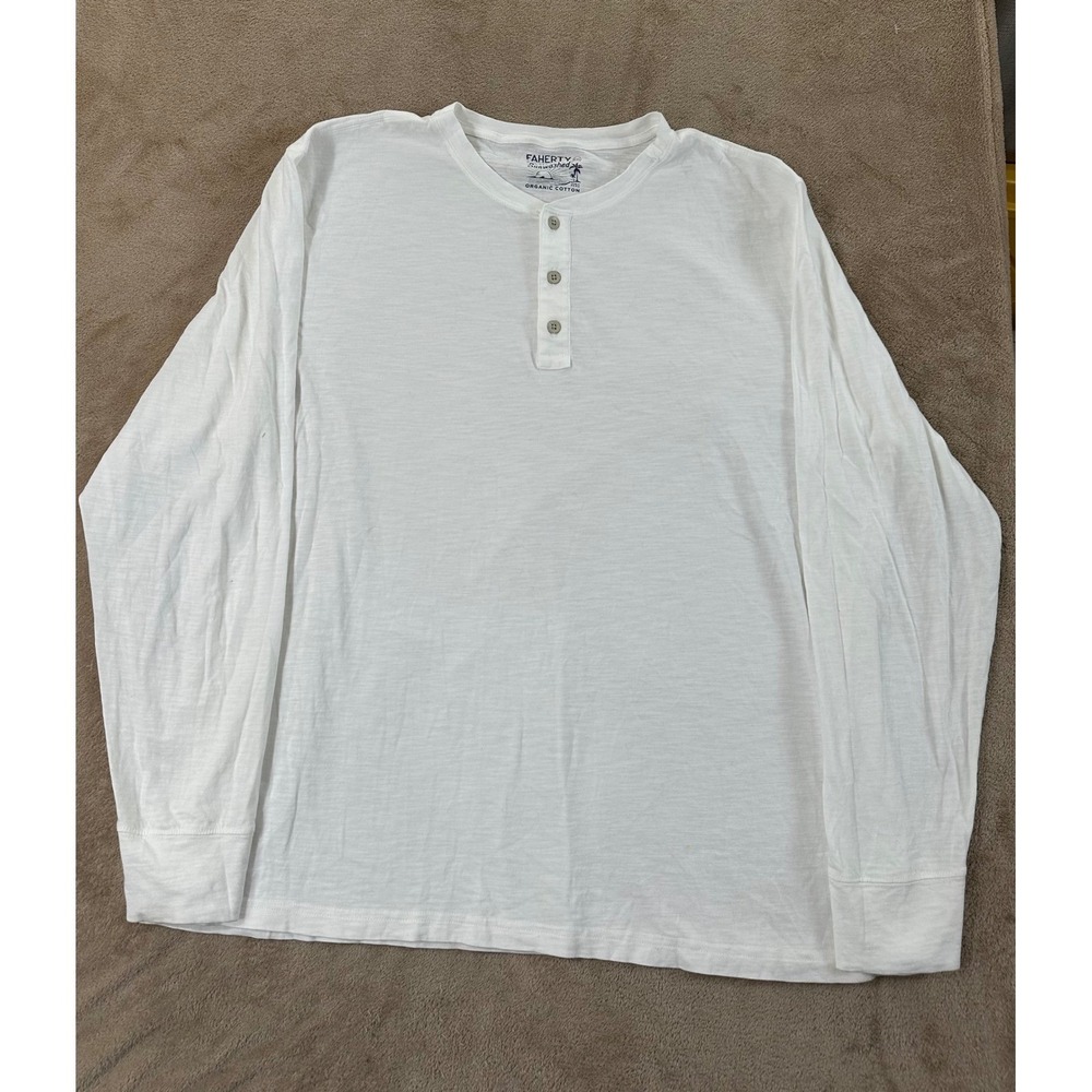 Faherty Sunwashed Organic Henley Long Sleeve Shirts Mens Size 2XL WhiteGood
